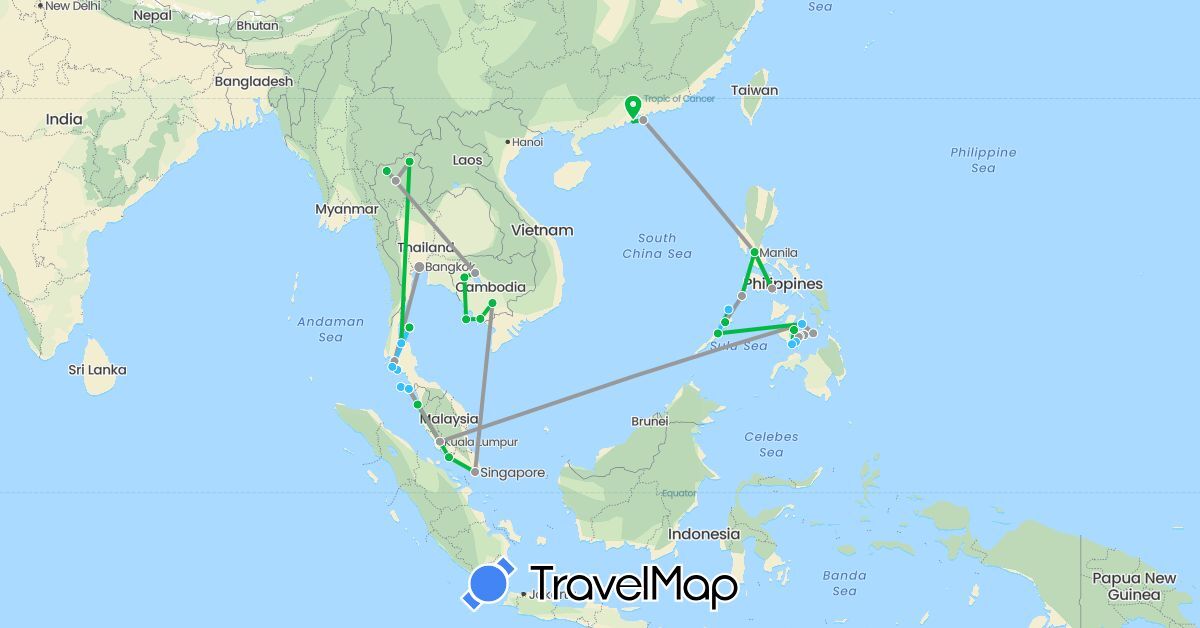 TravelMap itinerary: driving, bus, plane, boat in China, Cambodia, Malaysia, Philippines, Singapore, Thailand (Asia)