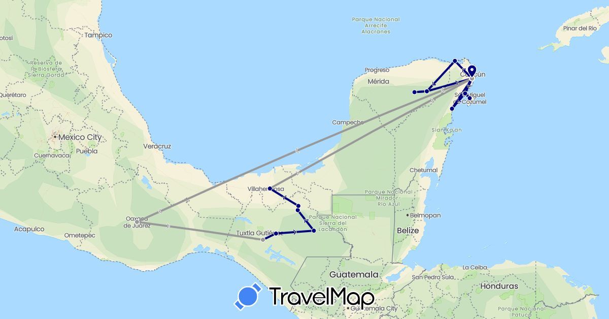 TravelMap itinerary: driving, plane in Mexico (North America)